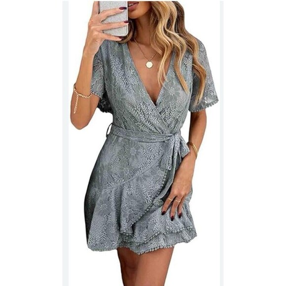 Blue Grey Lace Wrap V Neck Tie Waist Mini Short Sleeve Dress Size Medium - Picture 1 of 10